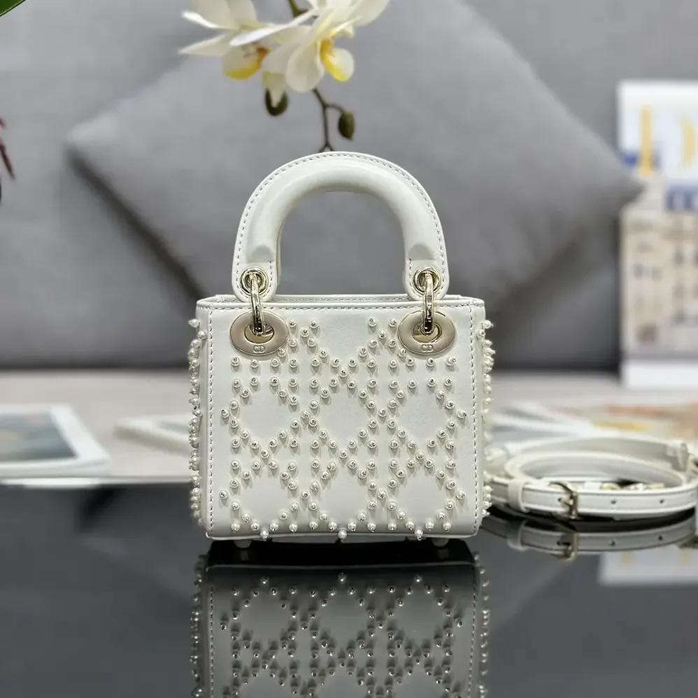 Dior Lady Dior Micro Bag Latte Cannage Lambskin with Resin Pearls for Women Dior Lady Dior Micro Bag Latte Cannage Lambskin with Resin Pearls for Women