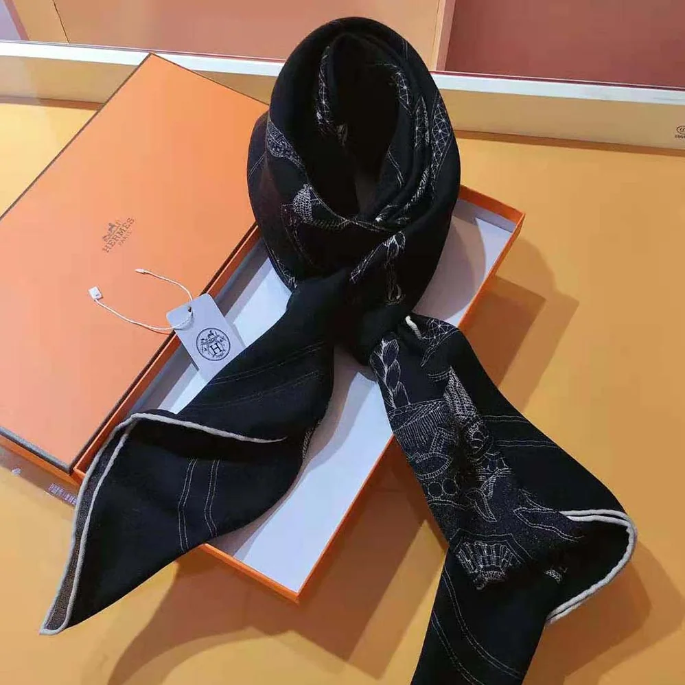 Hermes Embroidered Grand Apparat Scarf 90 for Women in Black Hermes Embroidered Grand Apparat Scarf 90 for Women in Black