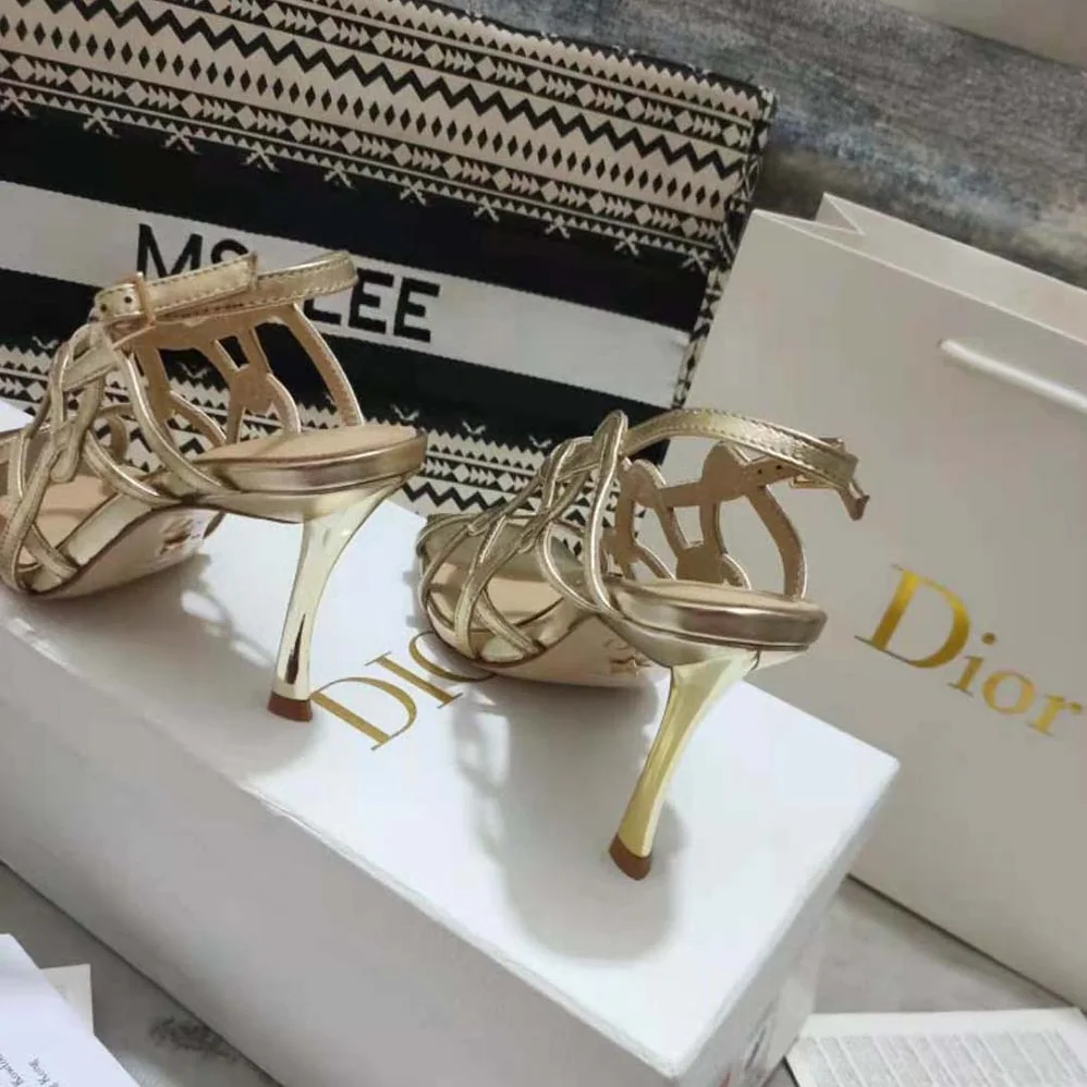 Dior D-Fame Heeled Sandal Gold for Women in Tone Laminated Lambskin
