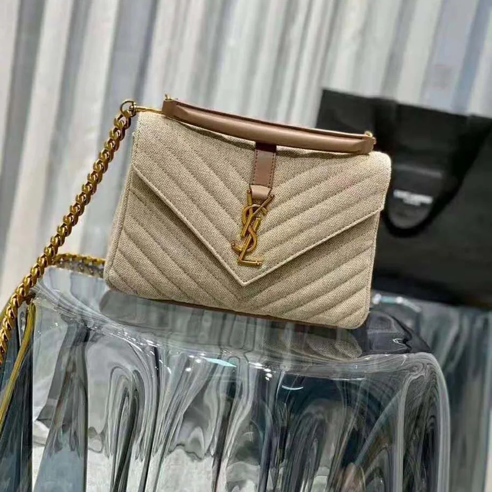 Saint Laurent YSL College Medium in Quilted Linen Canvas and Leather for Women