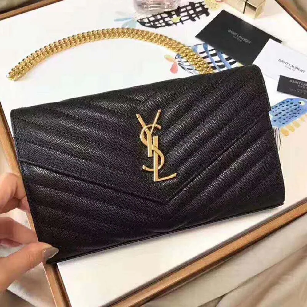 Saint Laurent Monogram Chain Wallet Grain De Poudre Embossed in Gold