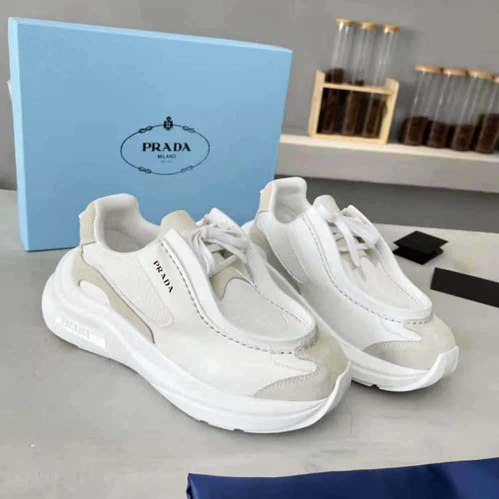 Prada Brushed Leather Sneakers with Bike Fabric and Suede Elements for Men in White Prada Brushed Leather Sneakers with Bike Fabric and Suede Elements for Men in White
