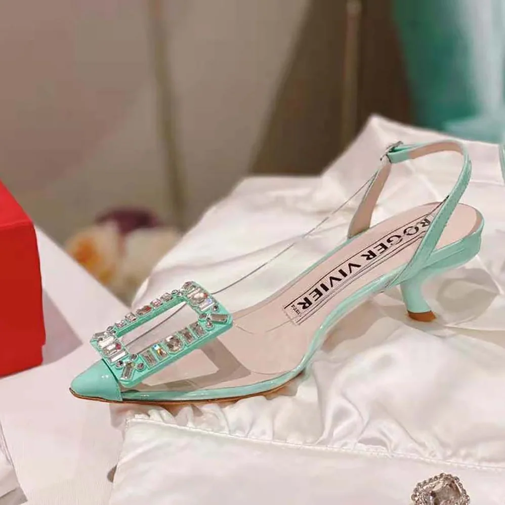 Roger Vivier Virgule Strass Buckle Slingback Pumps in PVC for Women in Lime Roger Vivier Virgule Strass Buckle Slingback Pumps in PVC for Women in Lime