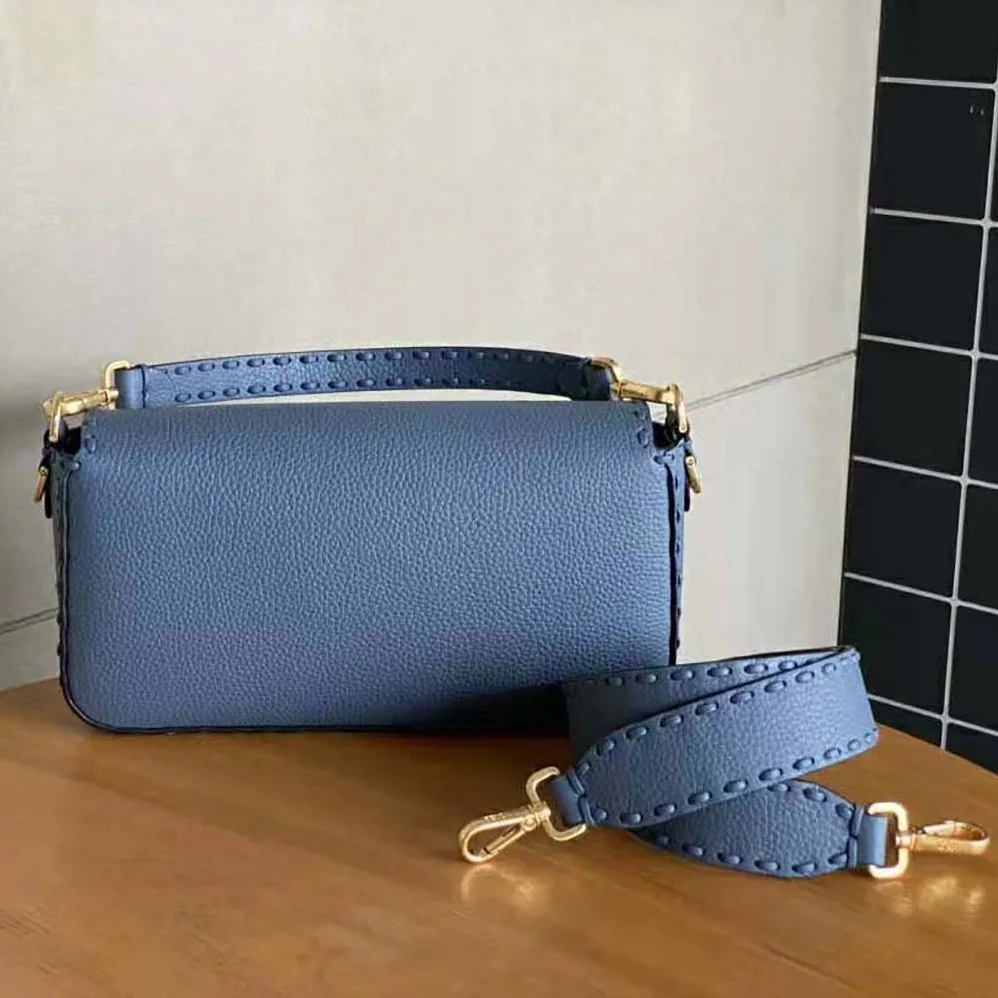 Fendi Baguette Blue Selleria Bag with Oversized Topstitching for Women