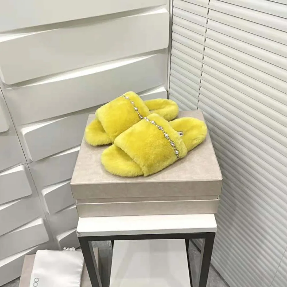 Jimmy Choo Acinda Slipper Lime Shearling Slippers with Crystal and Pearl Detailing for Women Jimmy Choo Acinda Slipper Lime Shearling Slippers with Crystal and Pearl Detailing for Women
