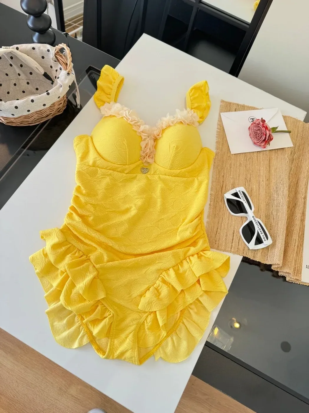 Chanel Vintage Floral Ruffled One in Piece Swimsuit Yellow