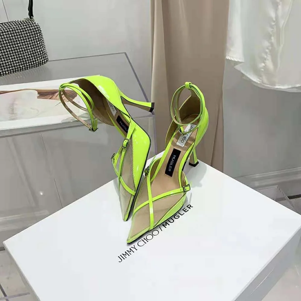 Jimmy Choo Mugler Strap Pump Neon Yellow Patent and Mesh Pumps with Straps for Women Jimmy Choo Mugler Strap Pump Neon Yellow Patent and Mesh Pumps with Straps for Women