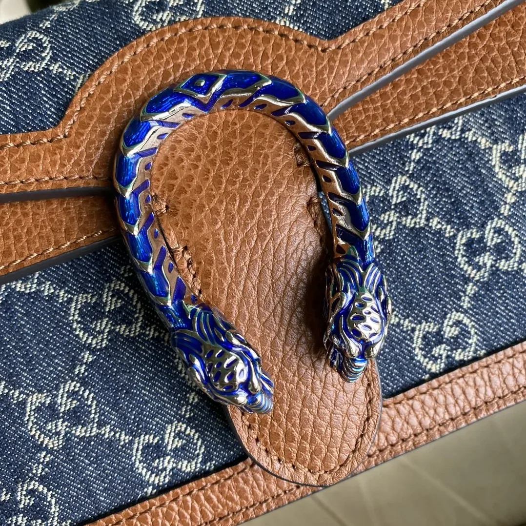 Gucci Dionysus Small Shoulder Bag / Dark Blue/ Ivory Eco Washed Organic GG Jacquard Denim Antique Silver Hardware Gucci Dionysus Small Shoulder Bag / Dark Blue/ Ivory Eco Washed Organic GG Jacquard Denim Antique Silver Hardware