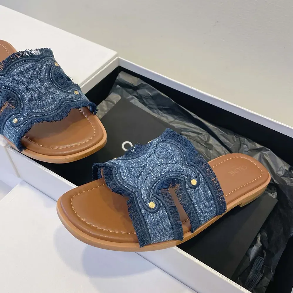 Celine Marina Fringed Mule in Denim for Women in Navy Celine Marina Fringed Mule in Denim for Women in Navy