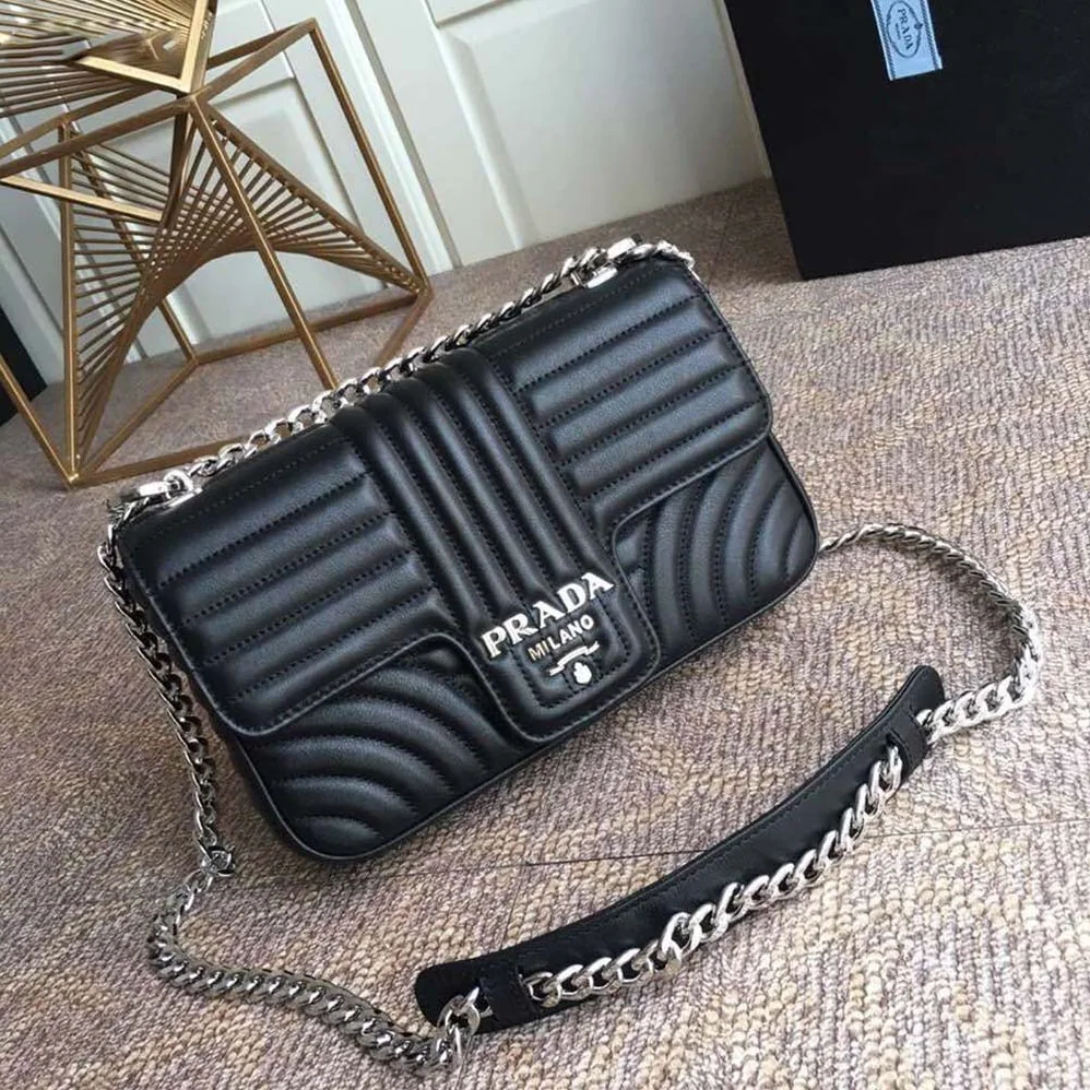 Prada Diagramme Leather Shoulder Bag for Women in Black Prada Diagramme Leather Shoulder Bag for Women in Black