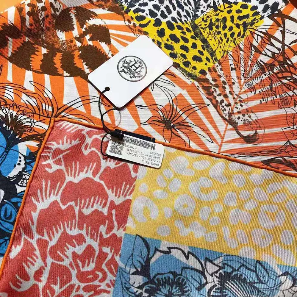 Hermes Jungle Love Stamped Scarf 70 in Silk Twill with Hand-Rolled Edges for Women in Orange