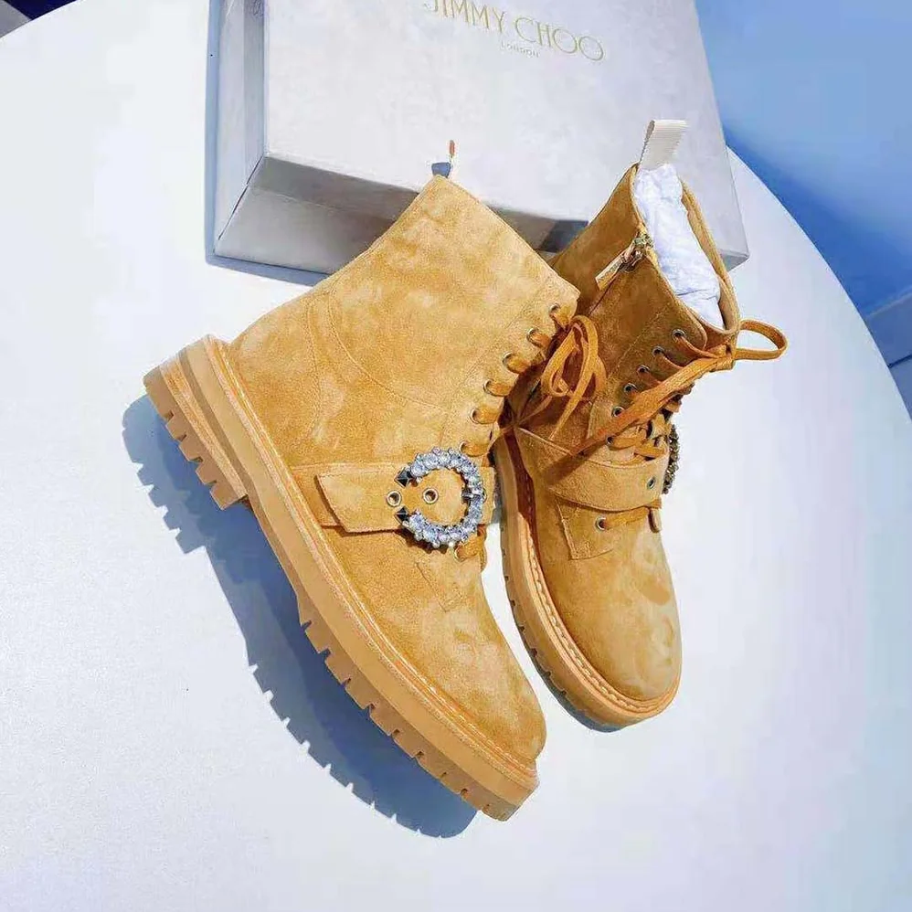 Jimmy Choo Cora Flat/Crystal Caramel Suede Combat Boots with Crystal Buckle for Women Jimmy Choo Cora Flat/Crystal Caramel Suede Combat Boots with Crystal Buckle for Women