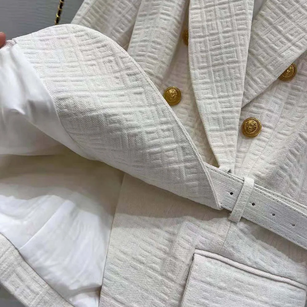 Balmain Double-Breasted Cotton Blazer with Balmain Buckle for Women in White