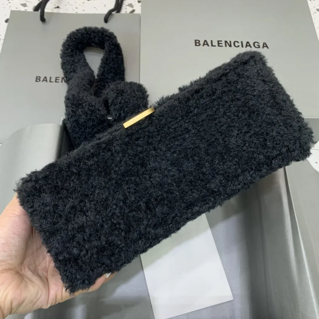 Balenciaga Furry Hourglass Small Handbag With Strap In Black /