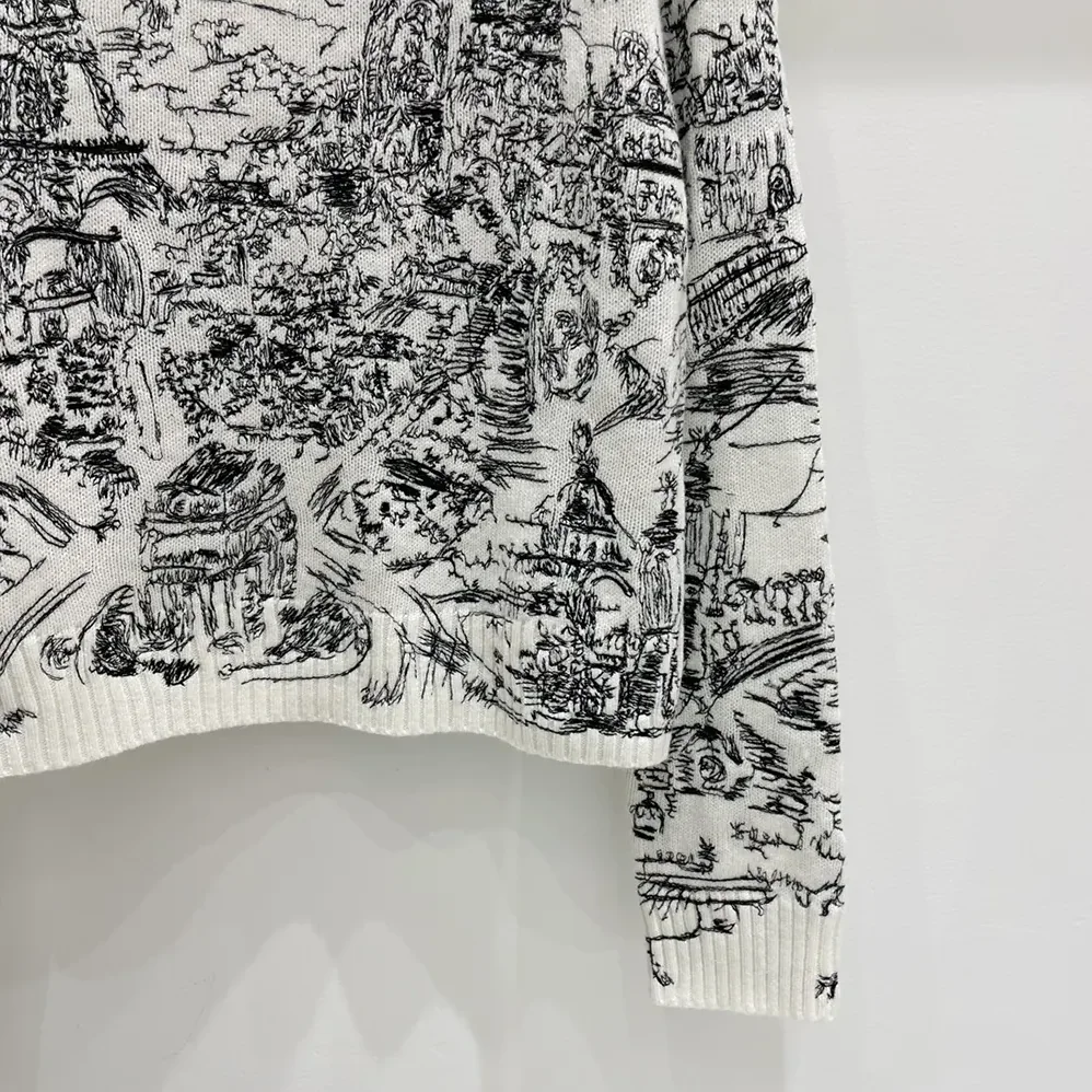 Dior Embroidered Sweater White and Black Cashmere Knit with Paris Allover Motif for Women