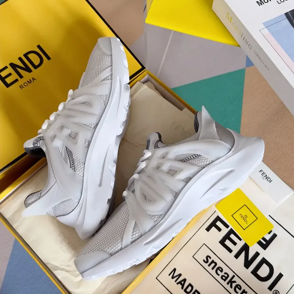 Fendi Tag Sneakers White Technical Mesh Running Sneakers for Men Fendi Tag Sneakers White Technical Mesh Running Sneakers for Men