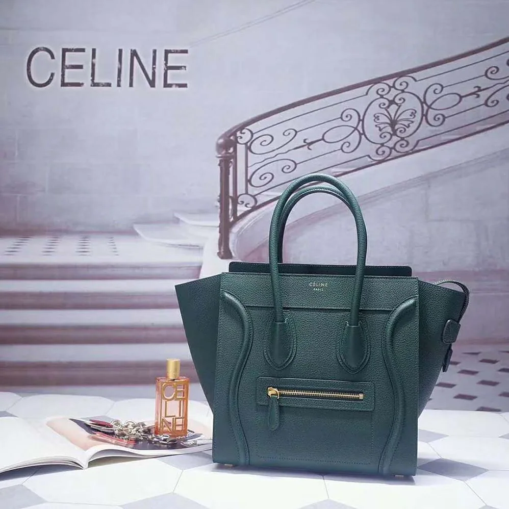 Celine Micro Luggage Handbag in Drummed Calfskin for Women in Dark Green Celine Micro Luggage Handbag in Drummed Calfskin for Women in Dark Green