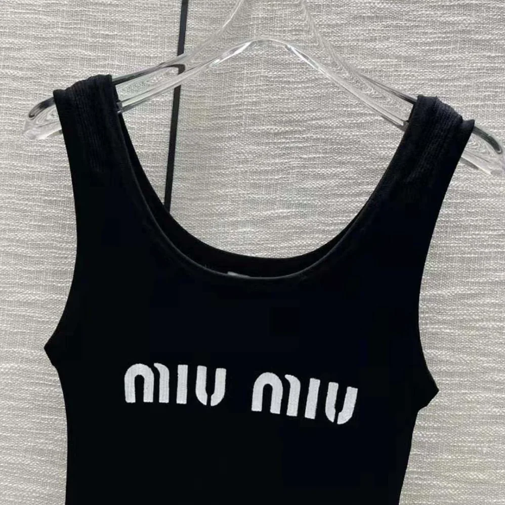Miu Miu Viscose Dress with Intarsia Logo for Women in Black Miu Miu Viscose Dress with Intarsia Logo for Women in Black