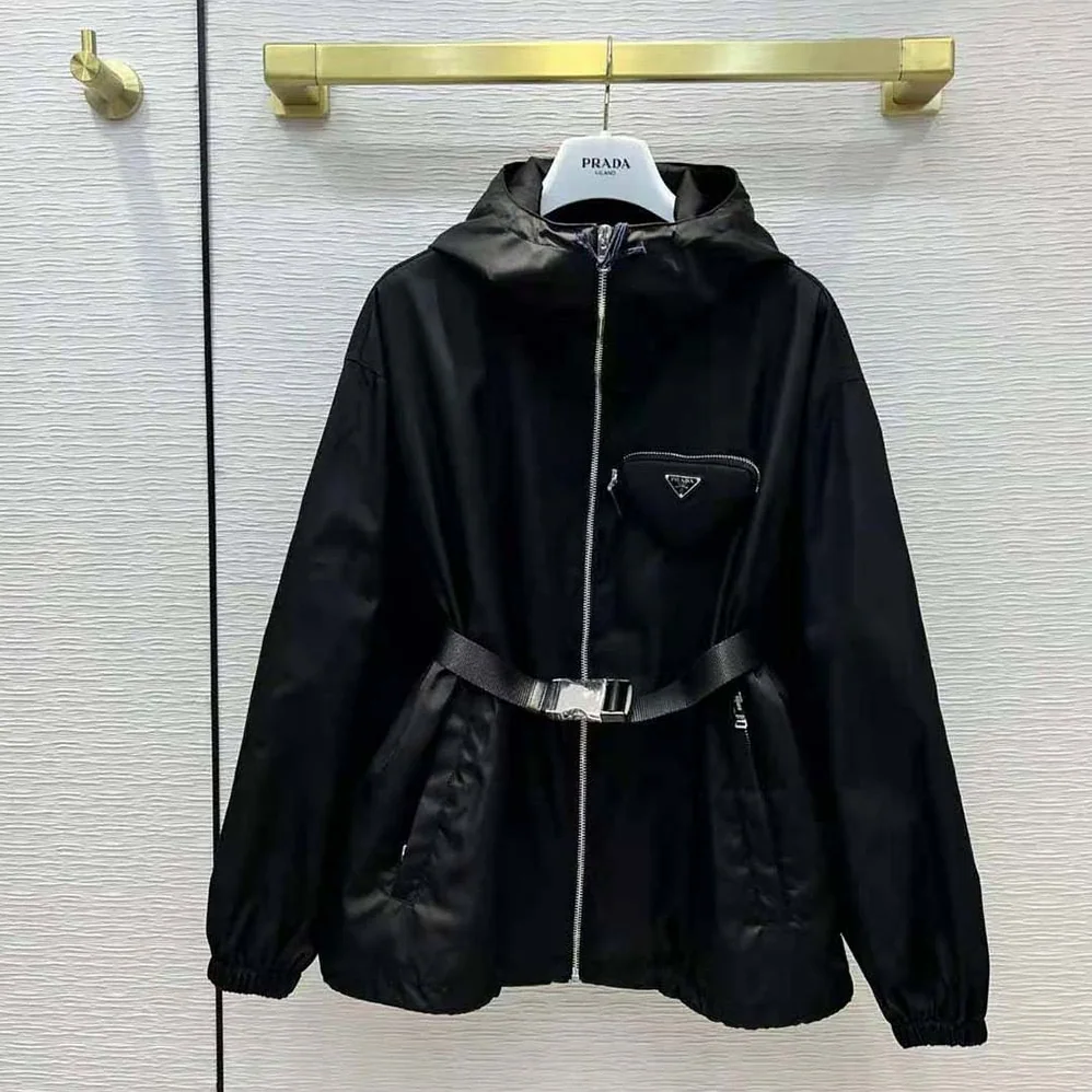 Prada Re-Nylon Hooded Blouson Jacket with Pouch for Women in Black Prada Re-Nylon Hooded Blouson Jacket with Pouch for Women in Black