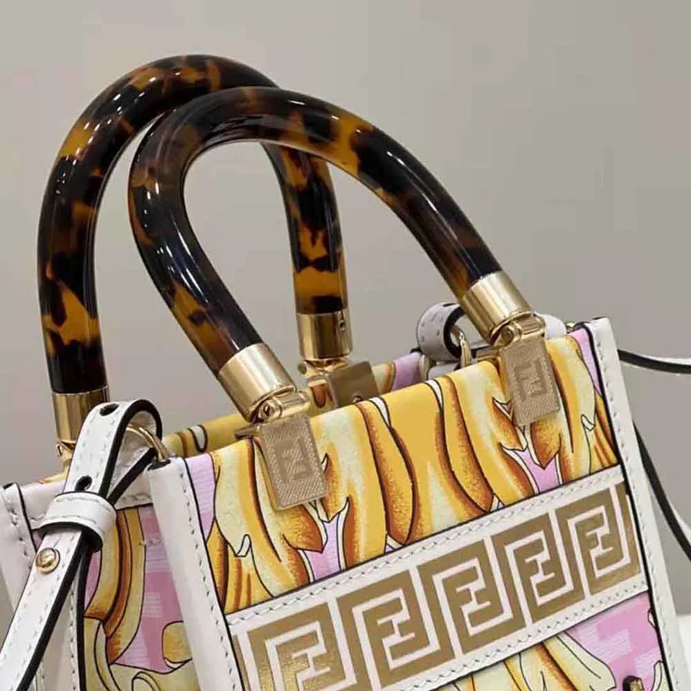 Fendi Mini Sunshine Shopper Fendace Printed White Leather Mini Bag for Women Fendi Mini Sunshine Shopper Fendace Printed White Leather Mini Bag for Women