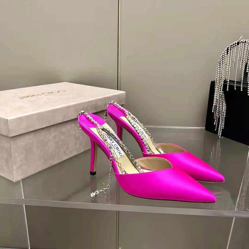 Jimmy Choo Saeda 100 Fuchsia Satin Pumps with Crystal Embellishment for Women Jimmy Choo Saeda 100 Fuchsia Satin Pumps with Crystal Embellishment for Women