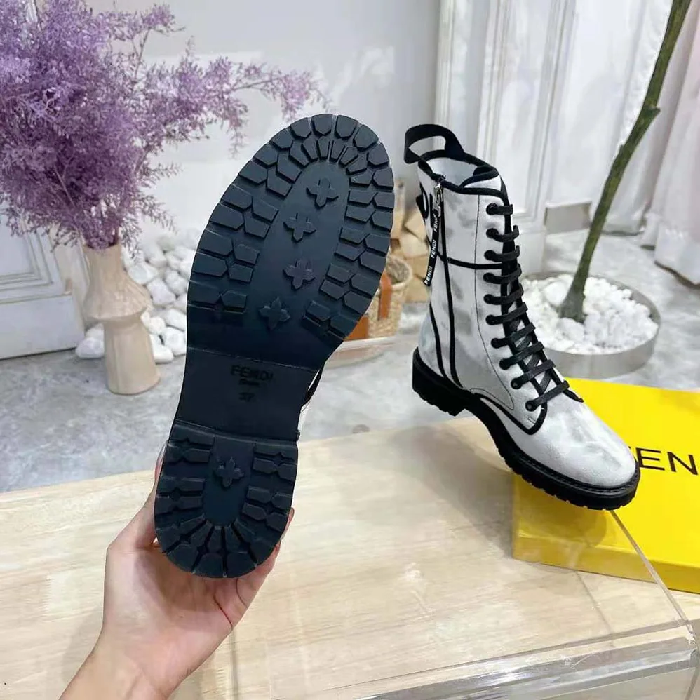 Fendi Signature Gray Canvas Biker Boots for Women