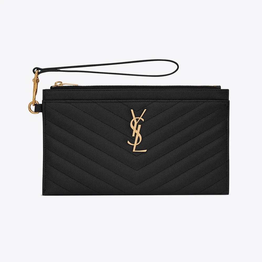 Saint Laurent YSL Large Monogram Bill Pouch in Grain DE Poudre Embossed Leather for Women in Black