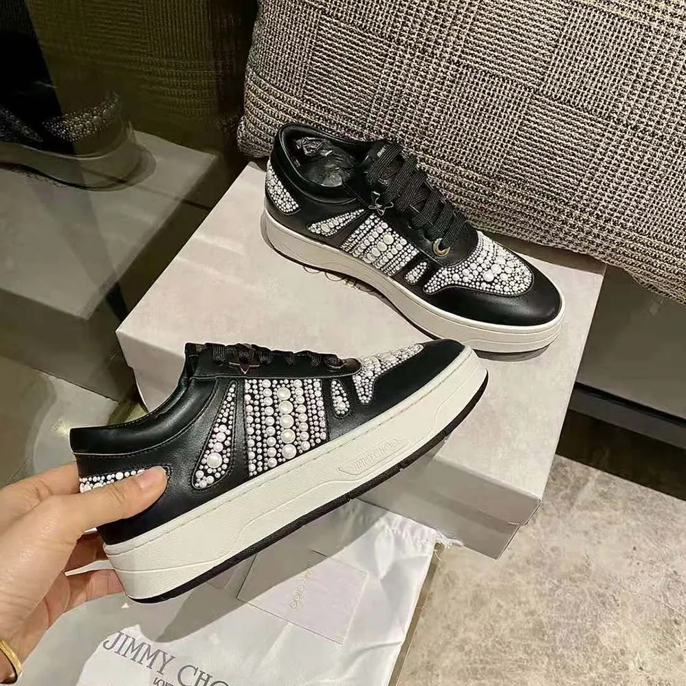 Jimmy Choo Hawaii/F Black Calf Leather and Canvas Low Top Trainers for Women