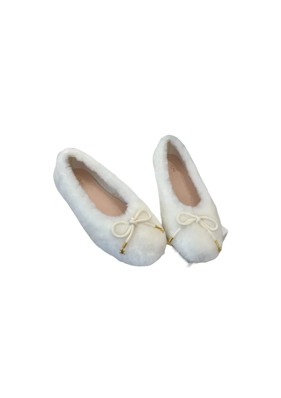 Celine Les Ballerines Celine Ballerina With Triomphe Laces And Fur White Celine Les Ballerines Celine Ballerina With Triomphe Laces And Fur White