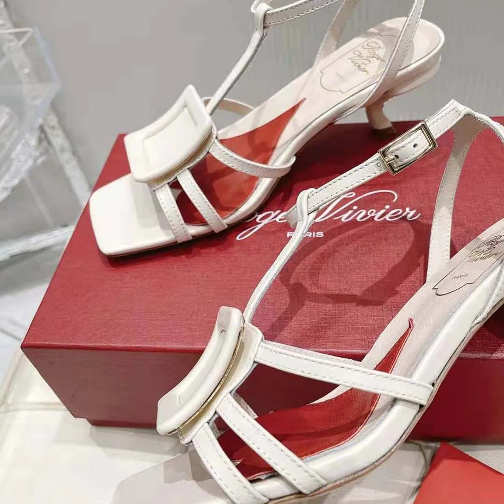 Roger Vivier Virgule Covered Buckle Sandals in Leather for Women in White Roger Vivier Virgule Covered Buckle Sandals in Leather for Women in White