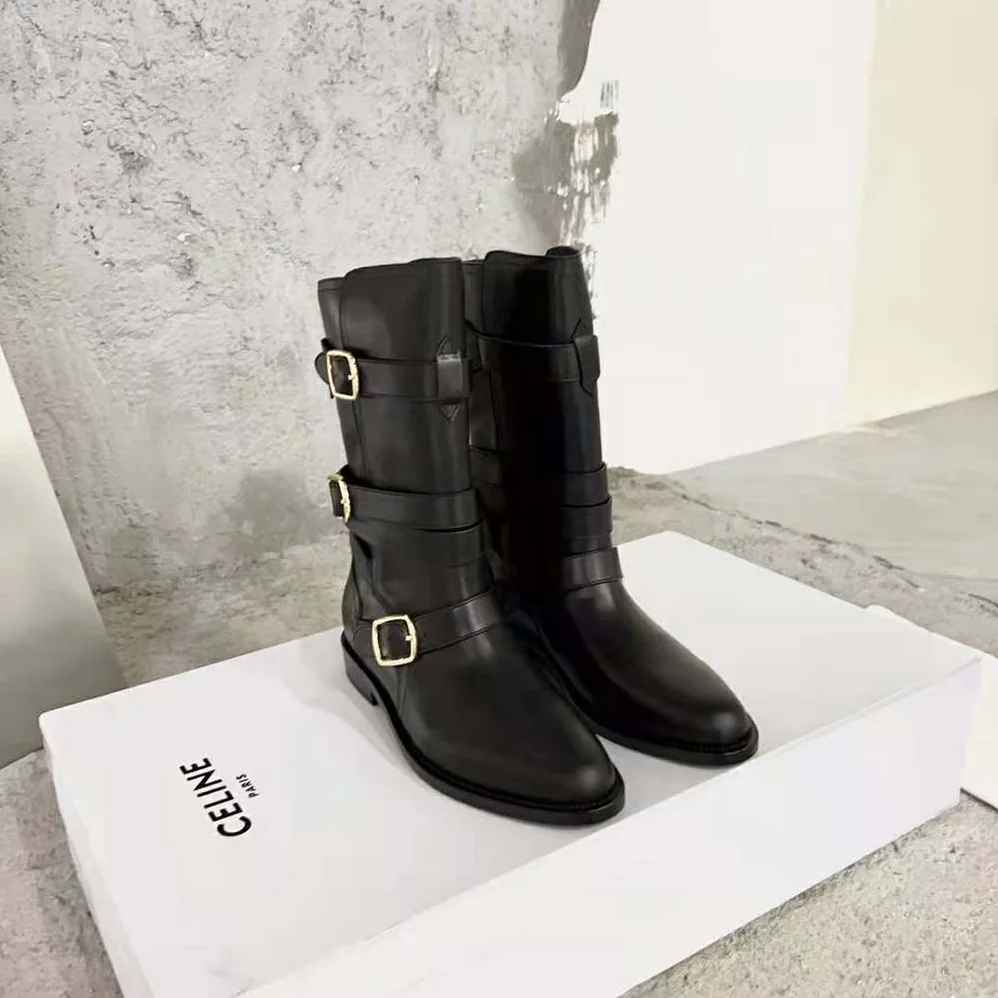 Celine Lyra Triple Buckles Boot in Calfskin for Women in Black