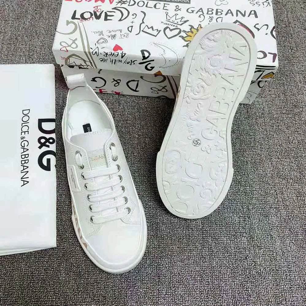 Dolce Gabbana D&G Calfskin Portofino Light Sneakers with Logo-Detailed Plate and Logo Print for Women in White Dolce Gabbana D&G Calfskin Portofino Light Sneakers with Logo-Detailed Plate and Logo Print for Women in White