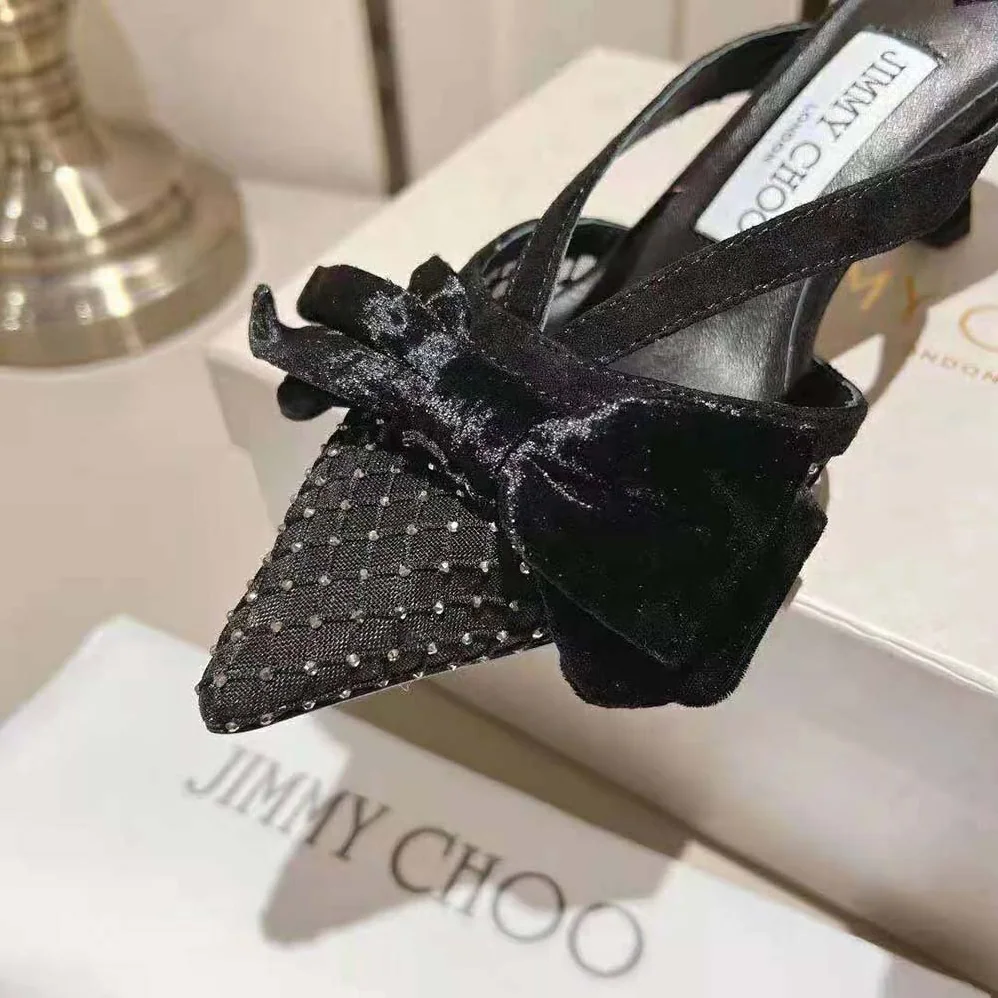Jimmy Choo Flaca Mule 50 Black Crystal Mesh Mules with Bows for Women Jimmy Choo Flaca Mule 50 Black Crystal Mesh Mules with Bows for Women