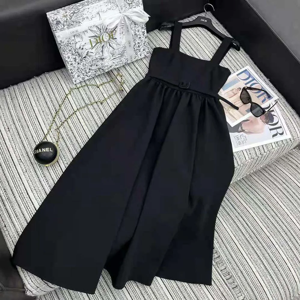 Dior Mid-length Belted Dress Black Wool and Silk for Women