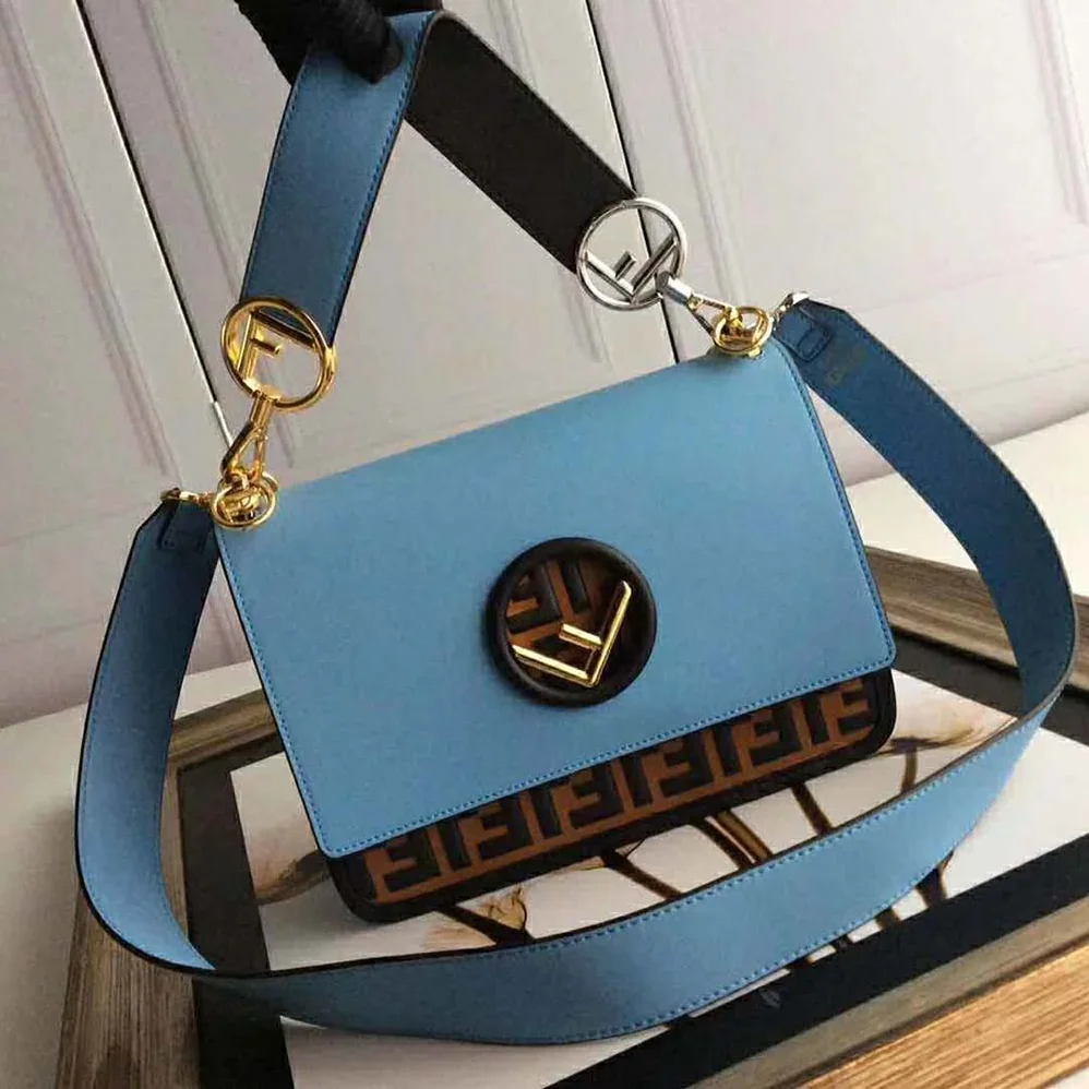 Fendi Kan I F Leather Bag in Calfskin Leather for Women in Blue Fendi Kan I F Leather Bag in Calfskin Leather for Women in Blue