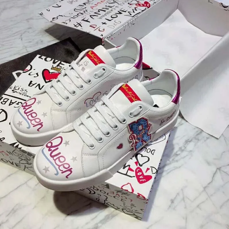 Dolce Gabbana D&G Shoes Calfskin Sneakers with Embroidered Patc for Women