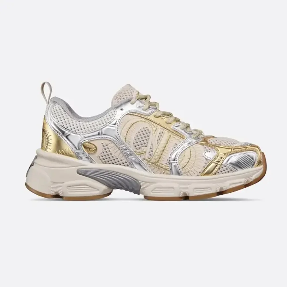 Dior Chrono Sneaker Beige Mesh with Gold-Tone and Silver-Tone Laminated Leather for Women in Effect Panels