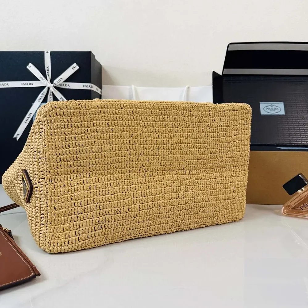 Prada Large Crochet Tote Bag with Leather Details for Women in Natural Prada Large Crochet Tote Bag with Leather Details for Women in Natural