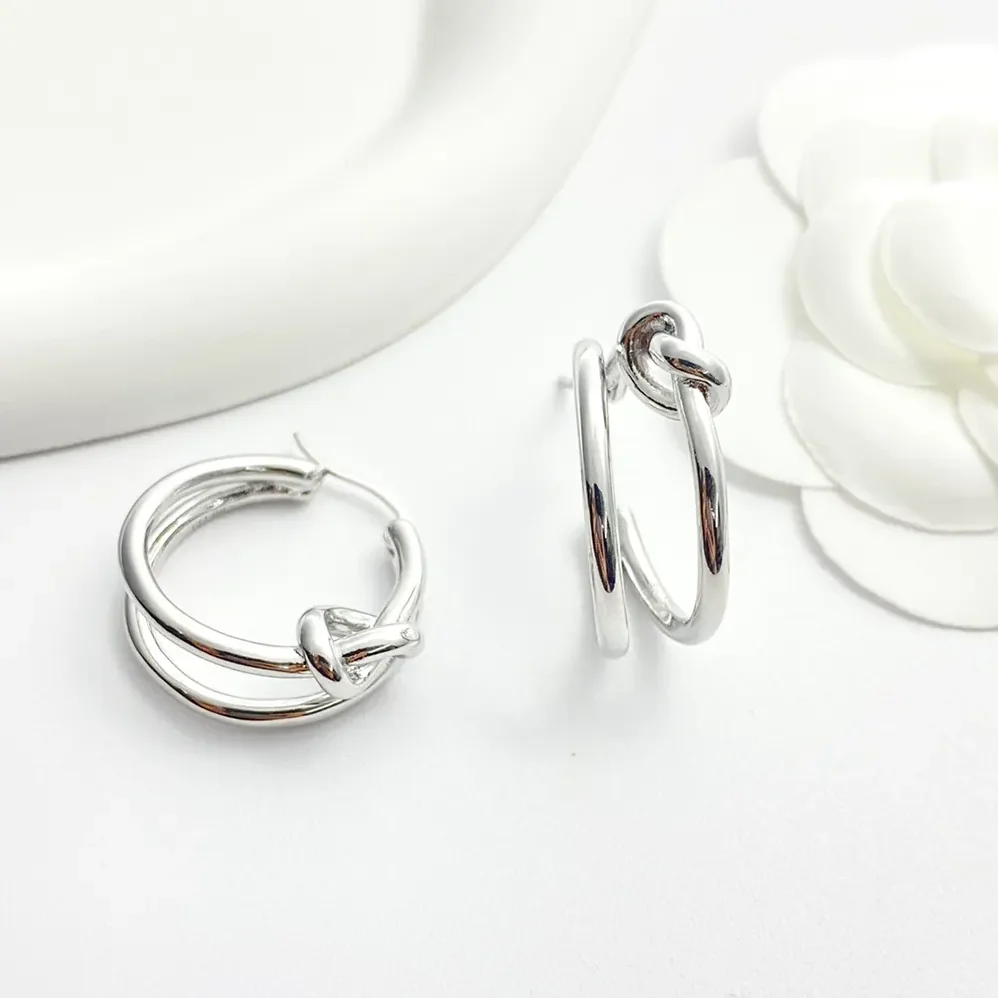 Celine Knot Double Hoops in Brass with Rhodium Finish for Women