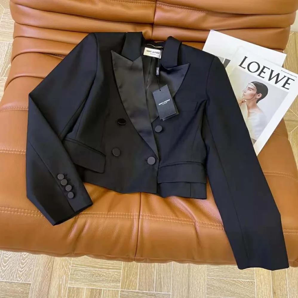 Saint Laurent YSL Cropped Tuxedo Jacket in Grain DE Poudre Saint Laurent for Women Saint Laurent YSL Cropped Tuxedo Jacket in Grain DE Poudre Saint Laurent for Women