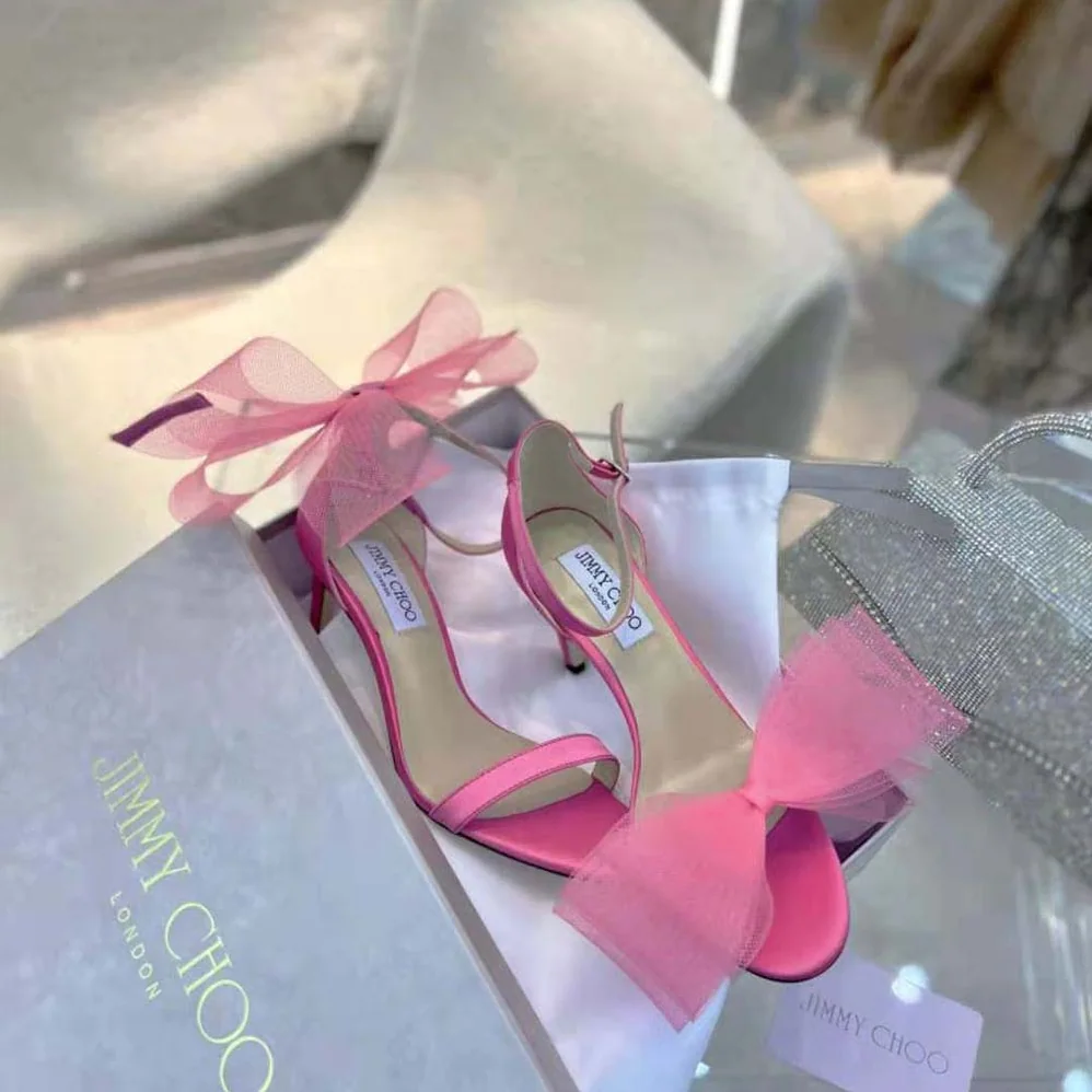 Jimmy Choo Aveline 100 Fuchsia Sandals with Asymmetric Grosgrain Mesh Fascinator Bows for Women