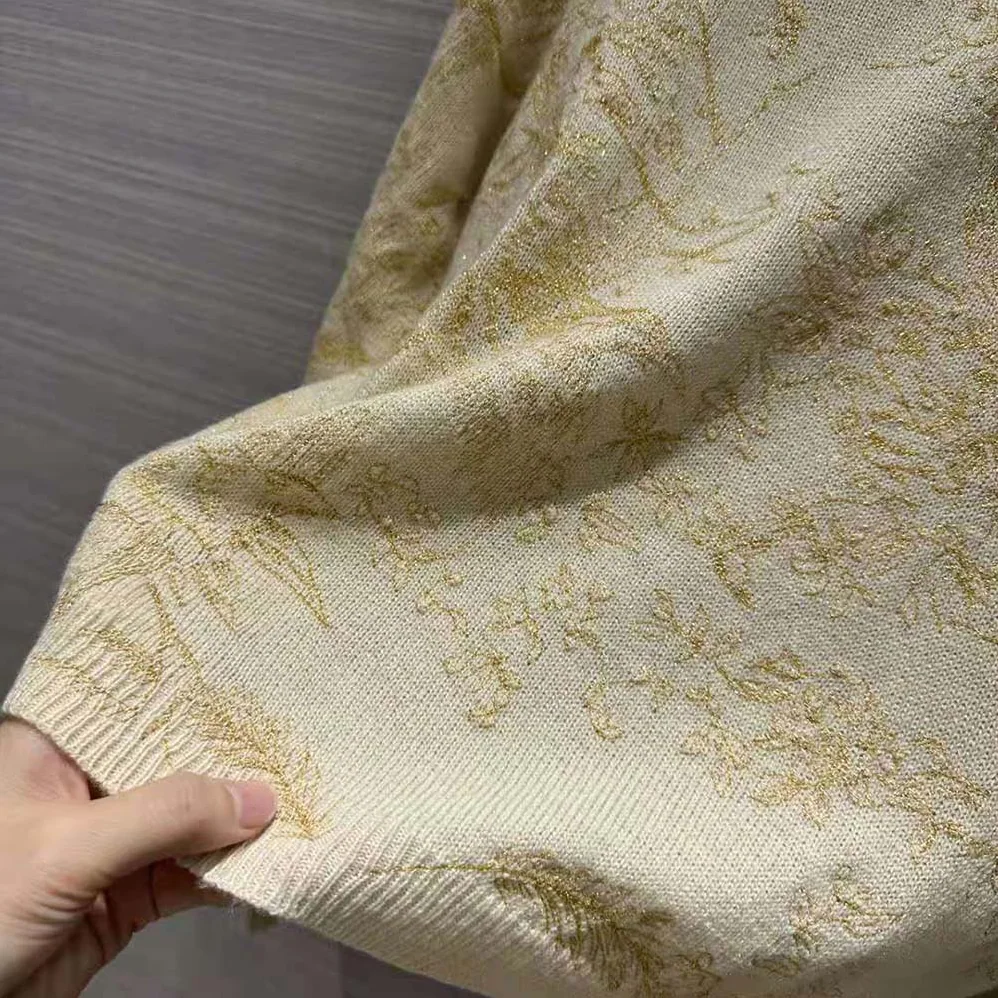 Dior Sweater Gold-Tone Technical Cashmere Knit Embroidered with Metallic Thread in a Dior Jardin D'Hiver Motif for Women