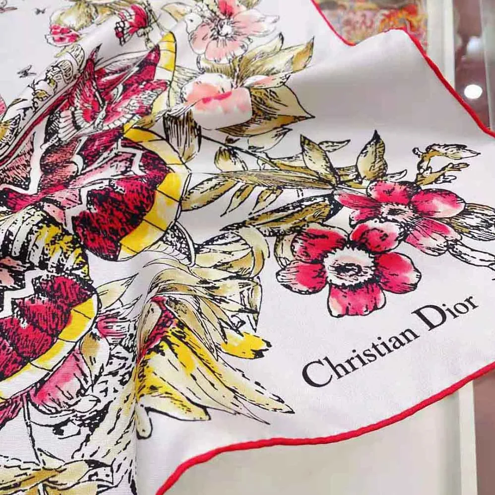 Dior Square Scarf Lvory Silk Twill with Multicolor Butterfly Motif for Women