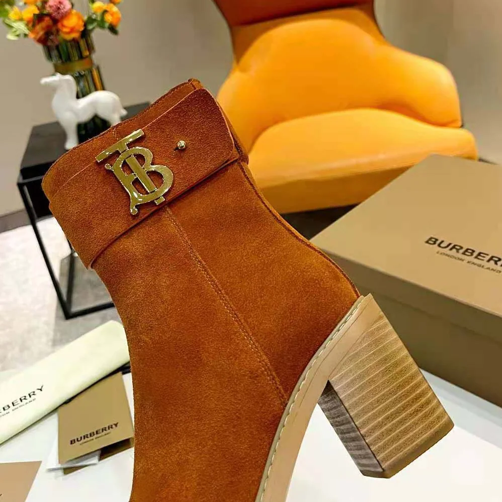 Burberry Monogram Motif Suede Block for Women in Heel Boots Burberry Monogram Motif Suede Block for Women in Heel Boots