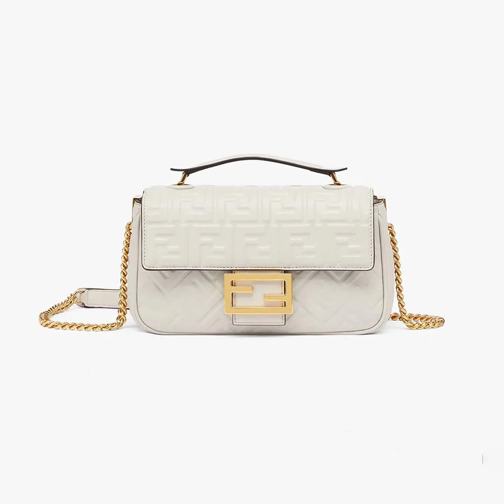 Fendi Baguette Chain Midi Light Gray Leather Bag for Women in White