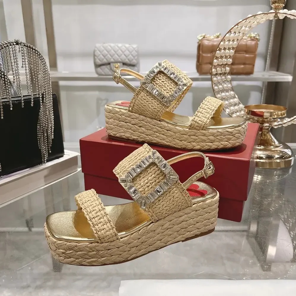 Roger Vivier Strass Buckle Wedge Sandals in Raffia for Women Roger Vivier Strass Buckle Wedge Sandals in Raffia for Women