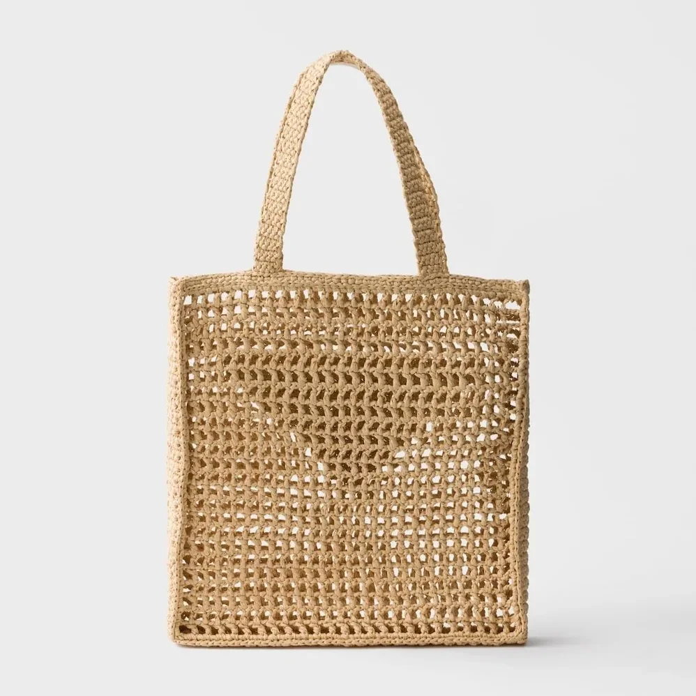Prada Crochet Tote Bag / Tan Raffia Gold Hardware 1BG393_2C2T_F05IA_V_OUO