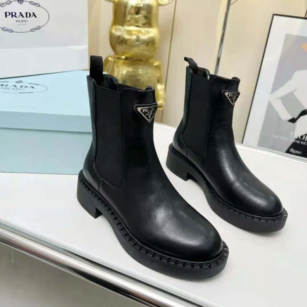 Prada Brushed Leather Booties for Women in Black Prada Brushed Leather Booties for Women in Black