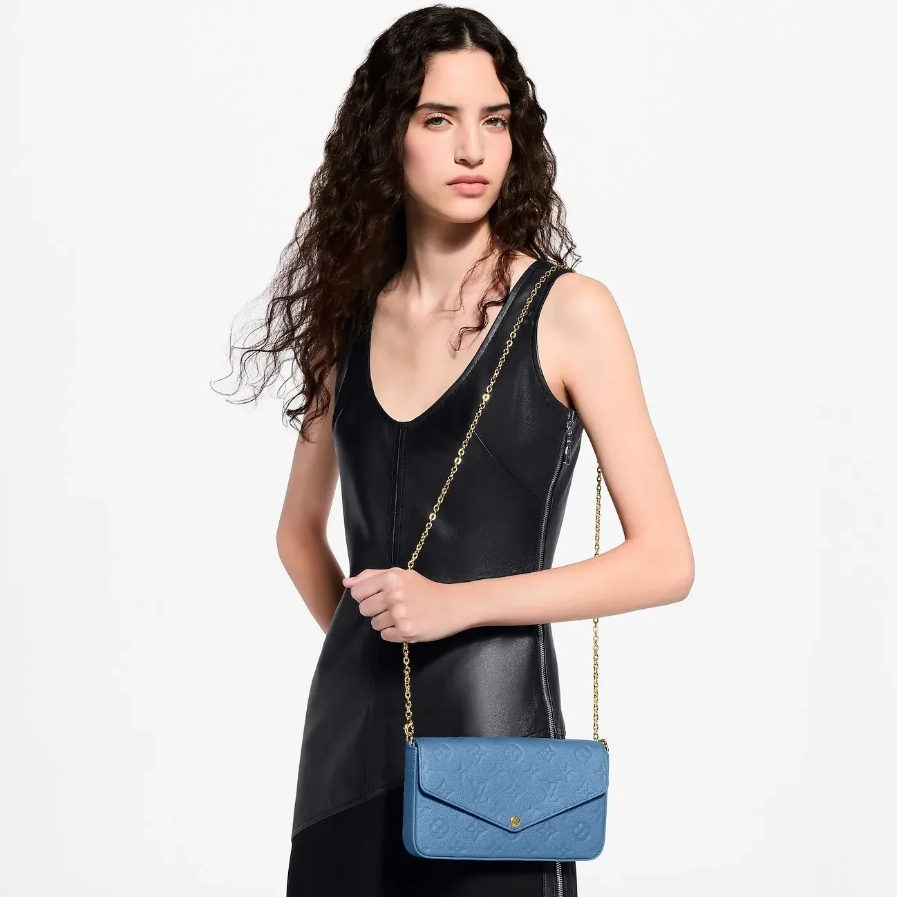 Louis Vuitton Pochette Felicie Shoulder Bag in Denim Blue Gold Hardware
