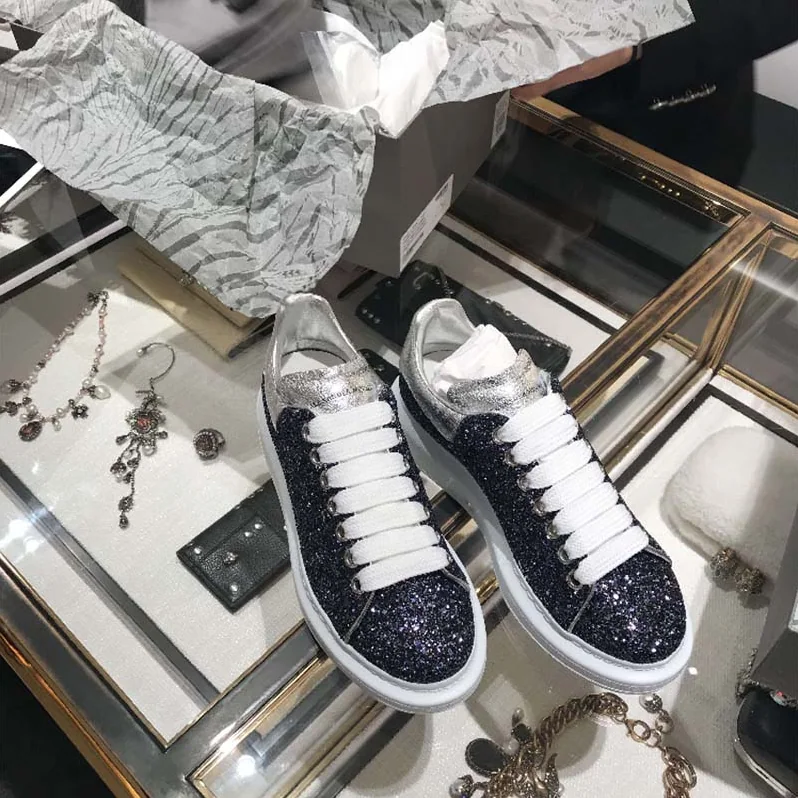 Alexander Mcqueen Midnight Blue Glitter Lace for Women in Up Oversized Sneaker